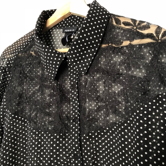 Torrid Semi Sheer Polka Dot Blouse Tie Front - Picture 2 of 5